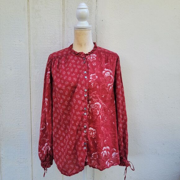 Sundance Janica Floral Peasant Puff Slv Blouse Red Multi Print Ruffles Boho szXL - Picture 1 of 5